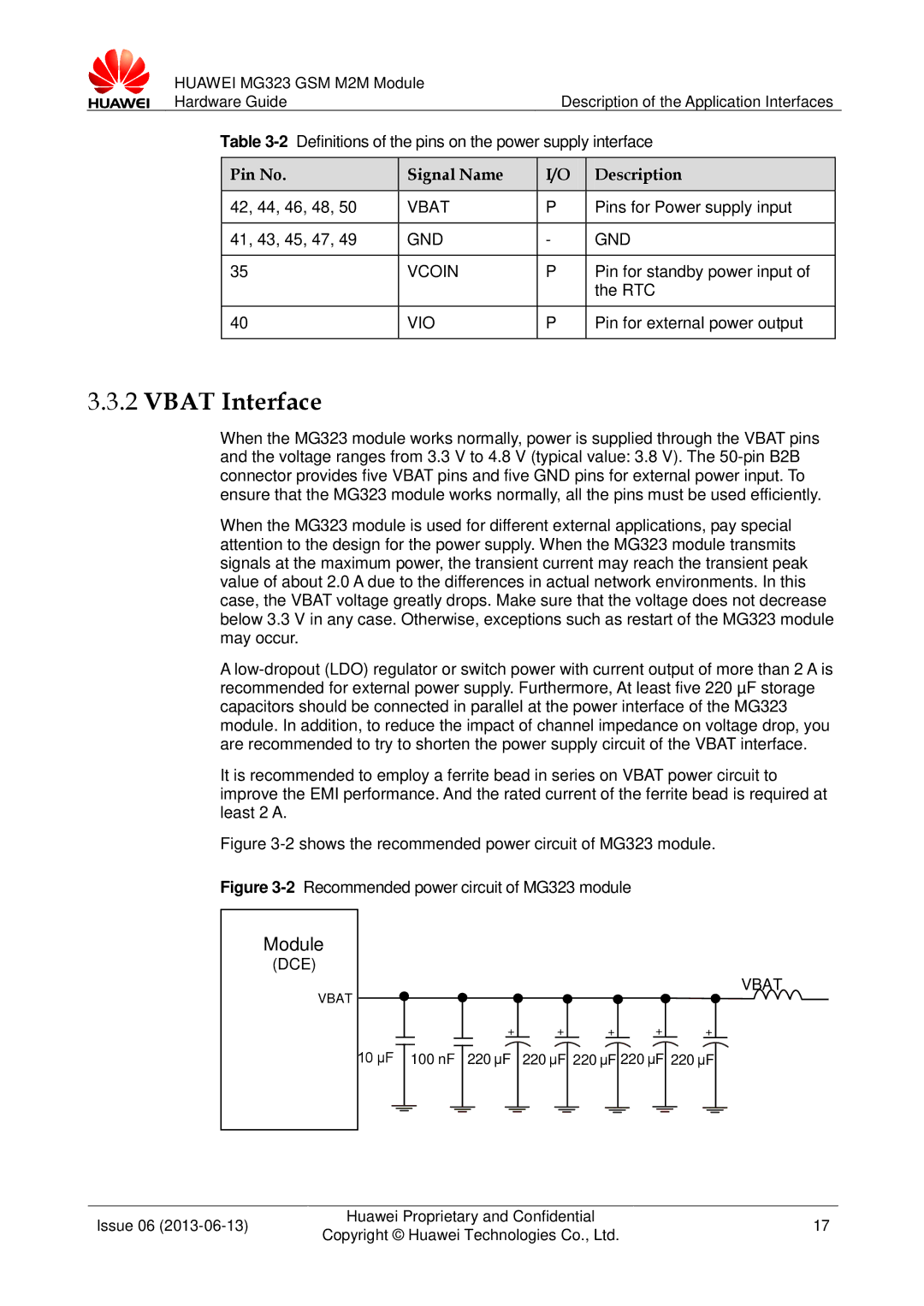 Huawei MG323 manual Vbat Interface, Pin No Signal Name Description, GND Vcoin, Dce 