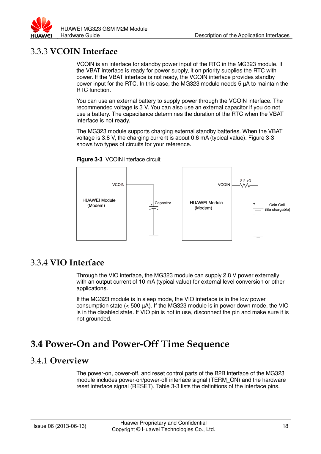 Huawei MG323 manual Power-On and Power-Off Time Sequence, Vcoin Interface, VIO Interface 