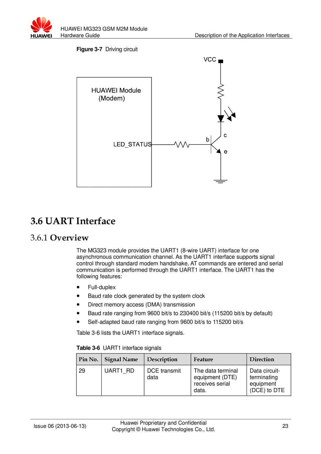 Huawei MG323 manual Uart Interface, Pin No Signal Name Description Feature Direction 