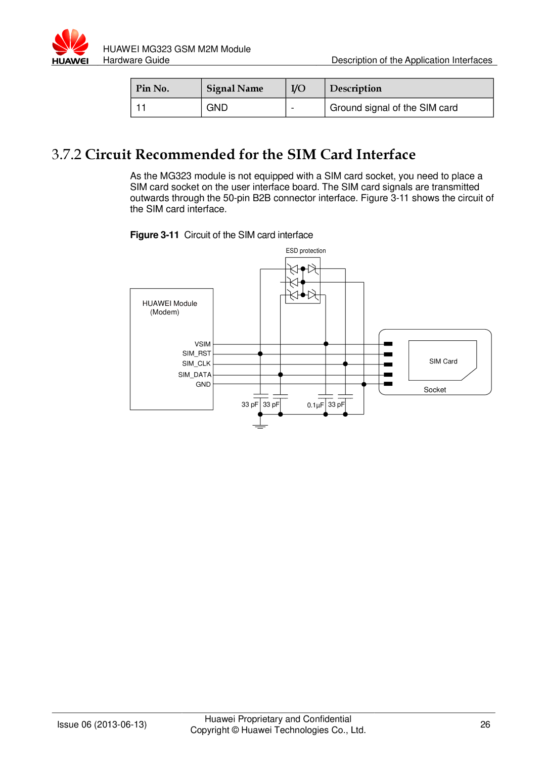 Huawei MG323 manual Circuit Recommended for the SIM Card Interface, Ground signal of the SIM card 