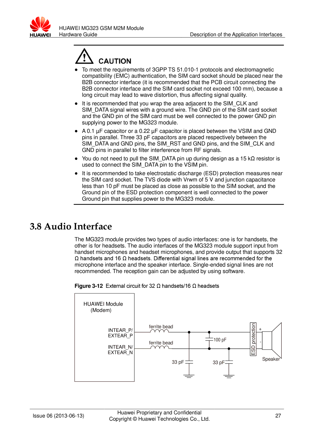 Huawei MG323 manual Audio Interface, 12External circuit for 32 Ω handsets/16 Ω headsets 