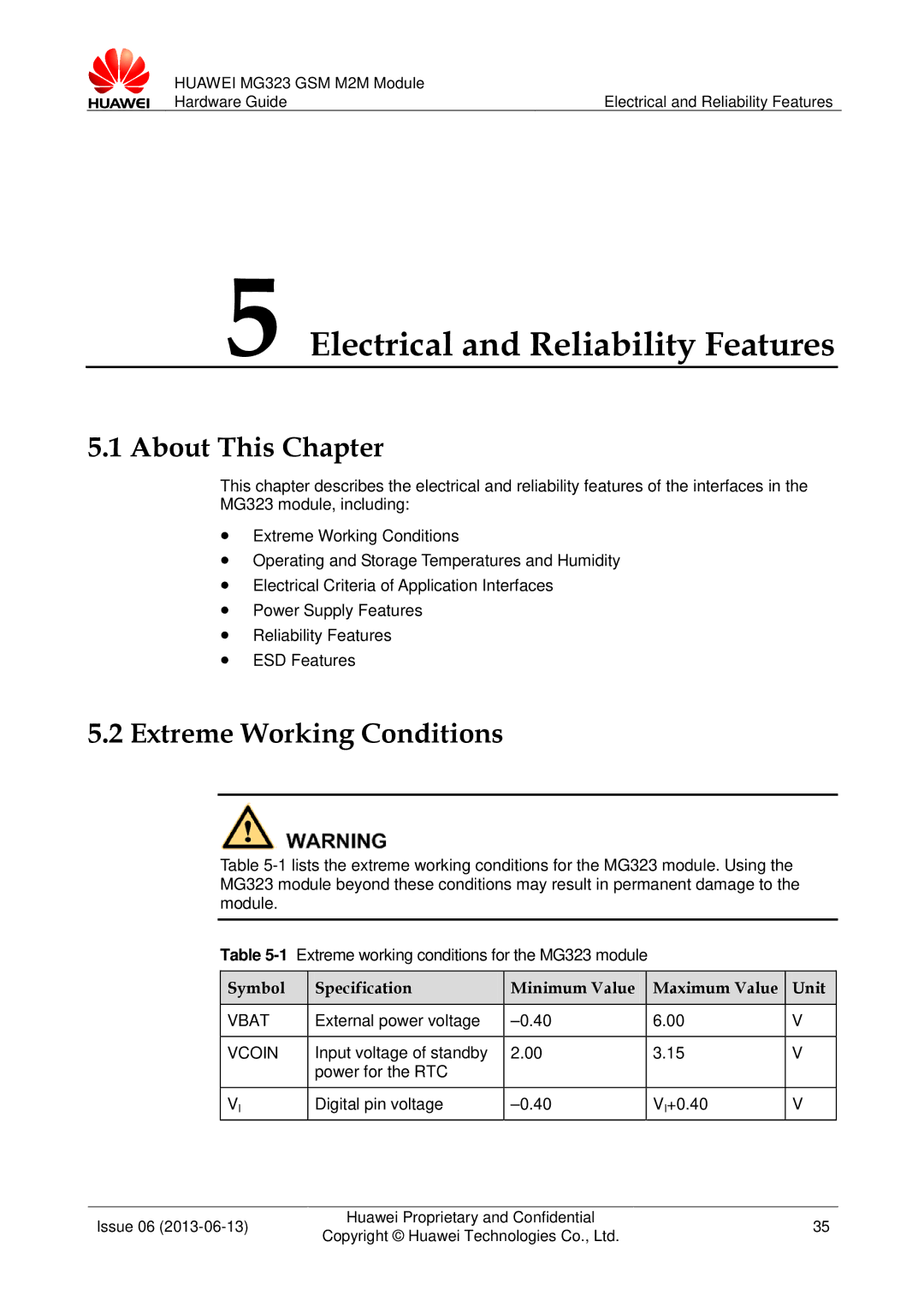 Huawei MG323 manual Electrical and Reliability Features, Extreme Working Conditions, External power voltage 