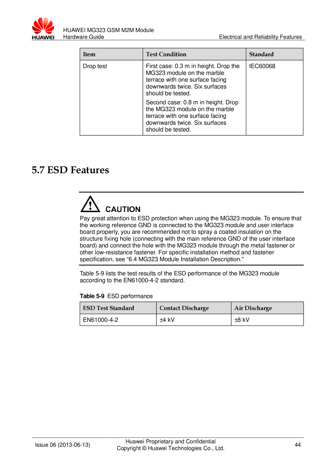 Huawei MG323 manual ESD Features, ESD Test Standard Contact Discharge Air Discharge, EN61000-4-2 ±4 kV ±8 kV 