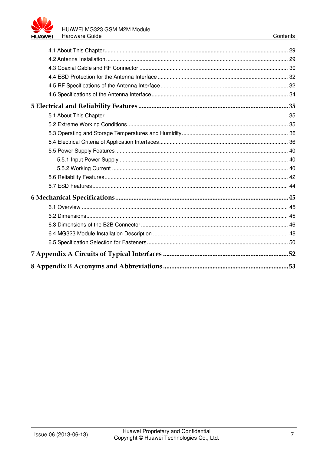 Huawei MG323 manual Electrical and Reliability Features 