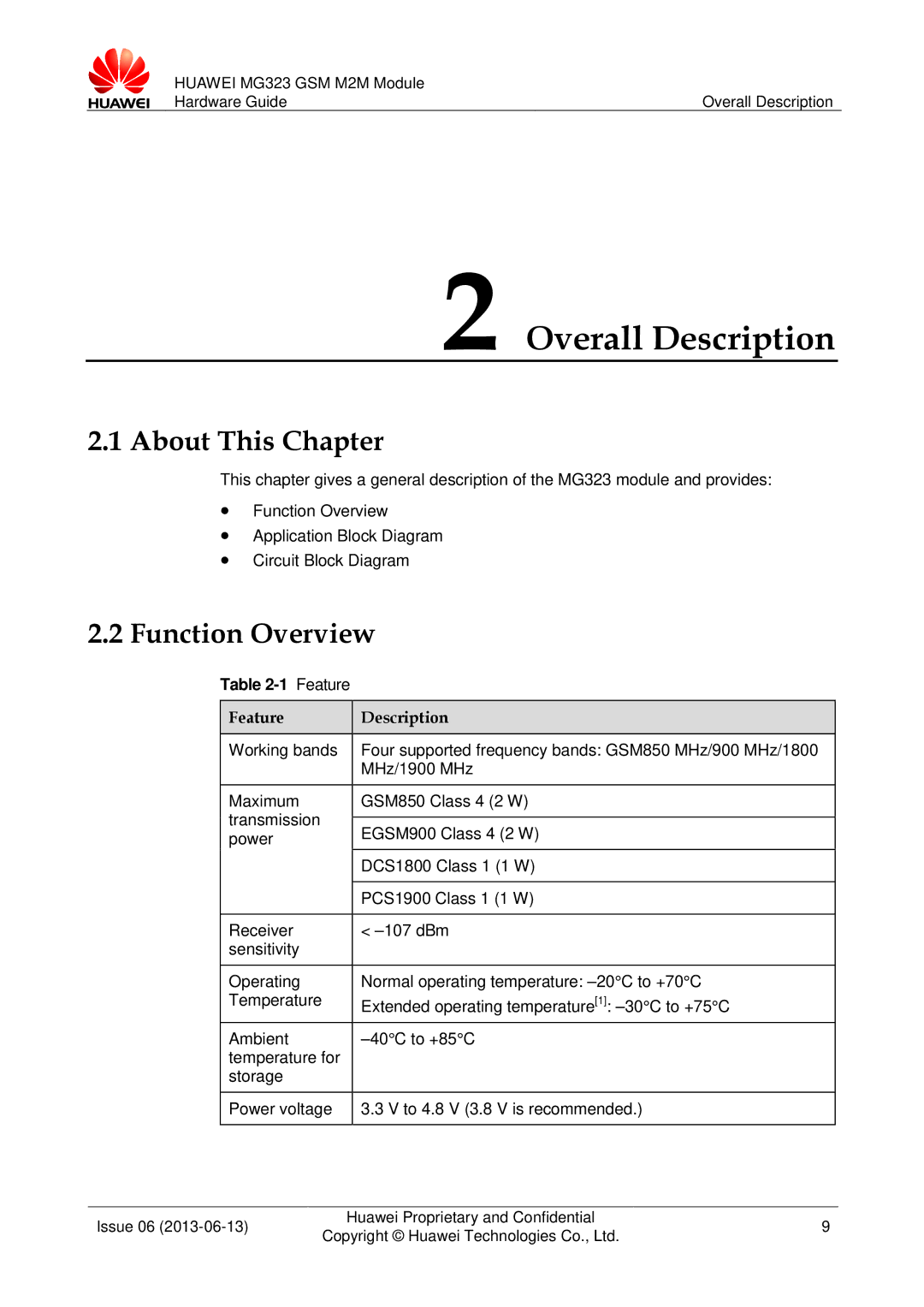 Huawei MG323 manual Overall Description, About This Chapter, Function Overview, Feature Description 