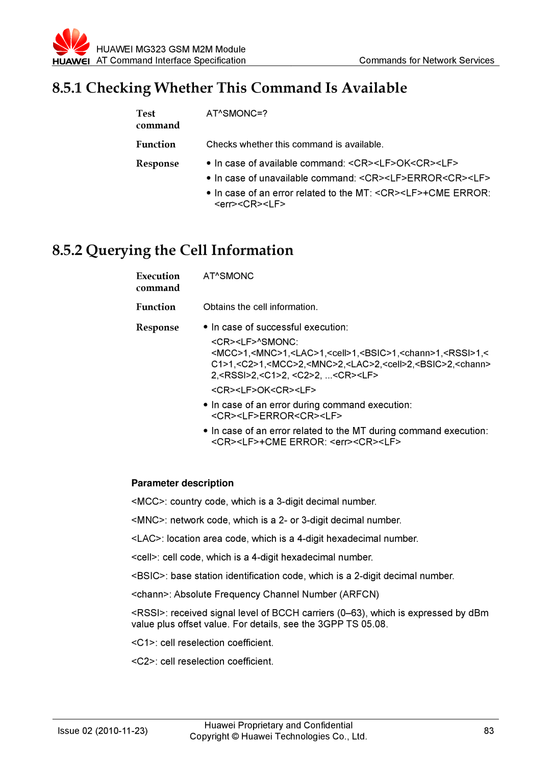 Huawei MG323 Checking Whether This Command Is Available, Querying the Cell Information, Test ATSMONC=? command, Atsmonc 