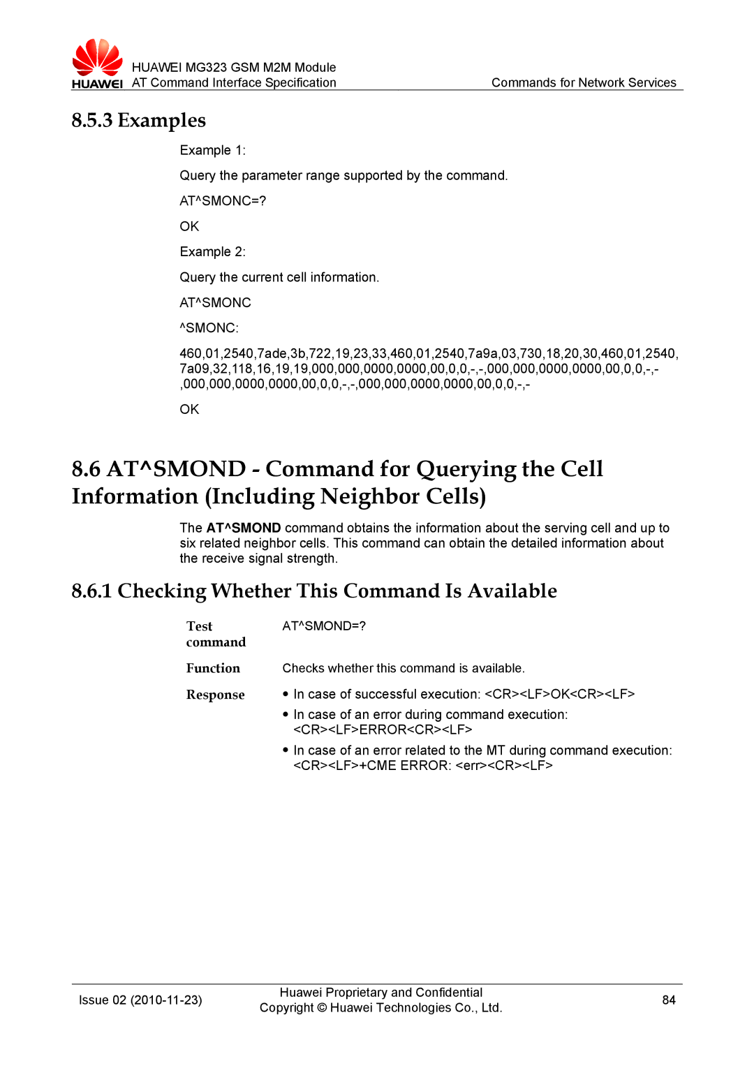 Huawei MG323 manual Atsmonc=?, Example Query the current cell information, Atsmonc Smonc, Atsmond=? 