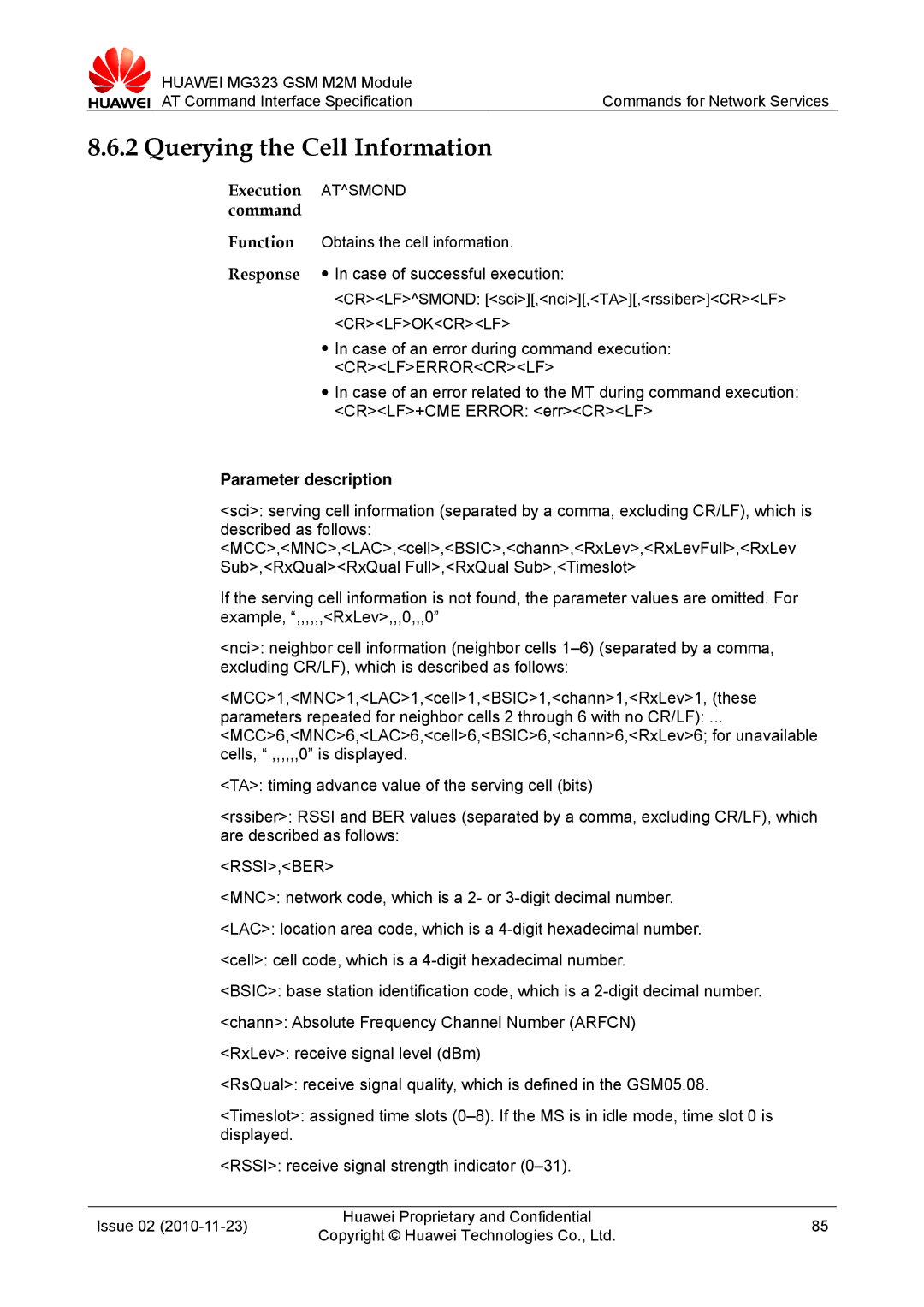 Huawei MG323 manual Execution Atsmond command, Rssi,Ber 