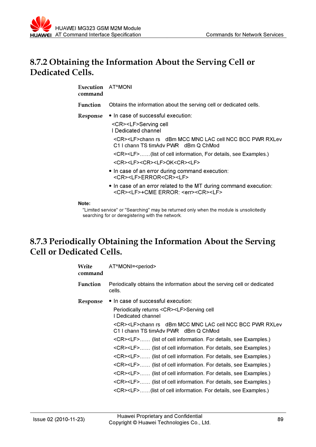 Huawei MG323 manual Execution Atmoni command, Crlfcrlfokcrlf 