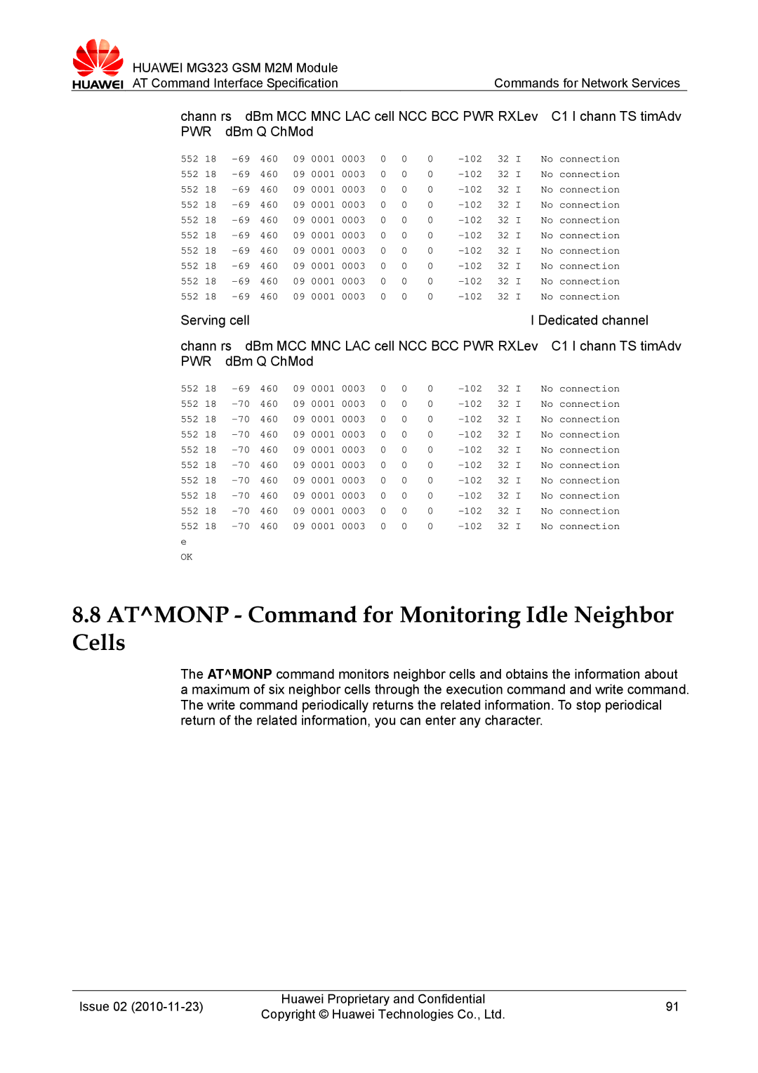 Huawei MG323 manual Atmonp Command for Monitoring Idle Neighbor Cells, Pwr, DBm Q ChMod 