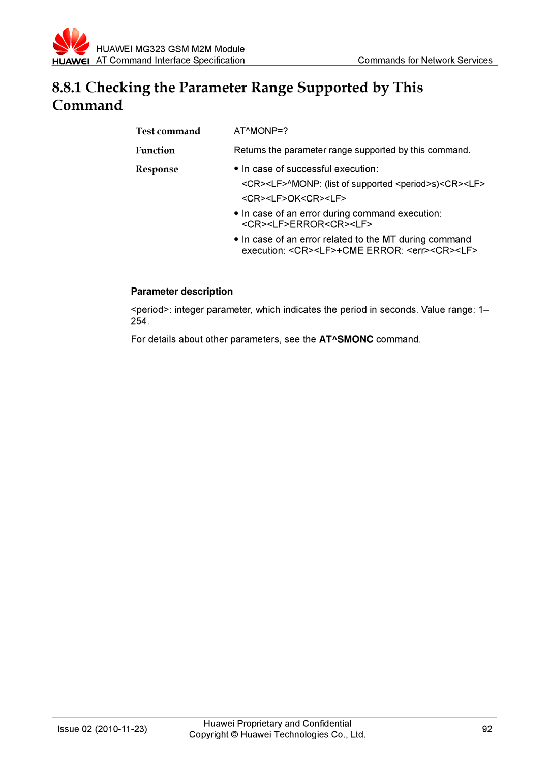 Huawei MG323 manual Case of an error related to the MT during command, Execution CRLF+CME Error errCRLF, Atmonp=? 