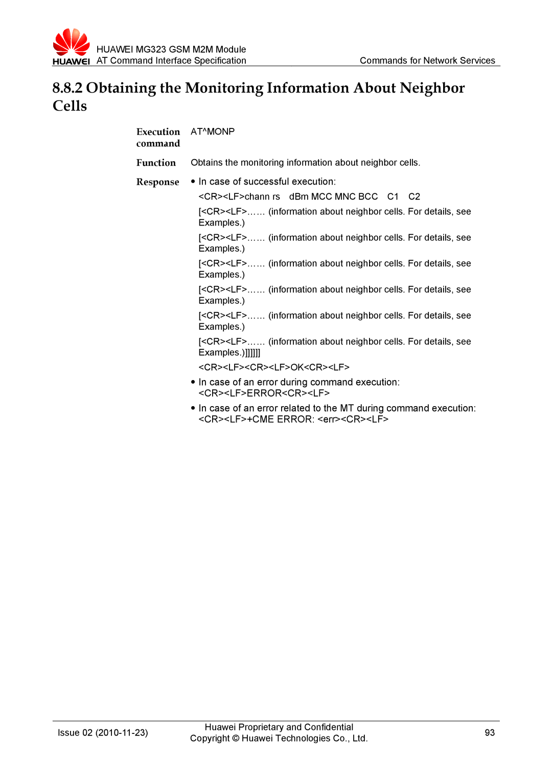 Huawei MG323 manual Obtaining the Monitoring Information About Neighbor Cells, Execution Atmonp command 