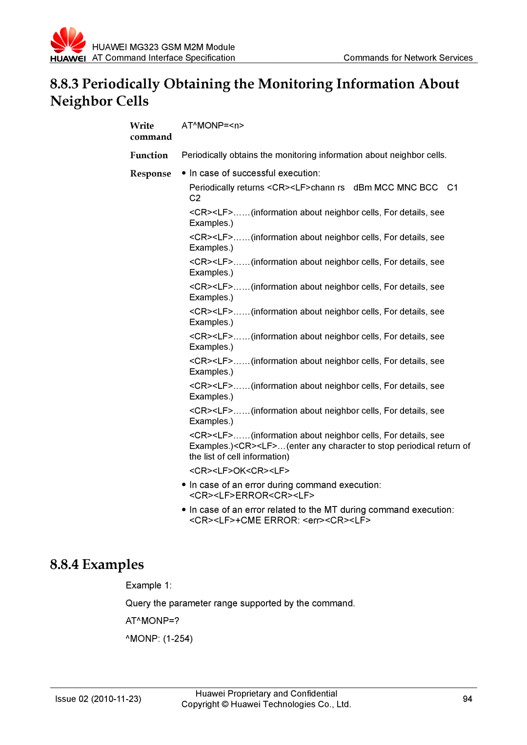 Huawei MG323 manual Atmonp=?, Monp 