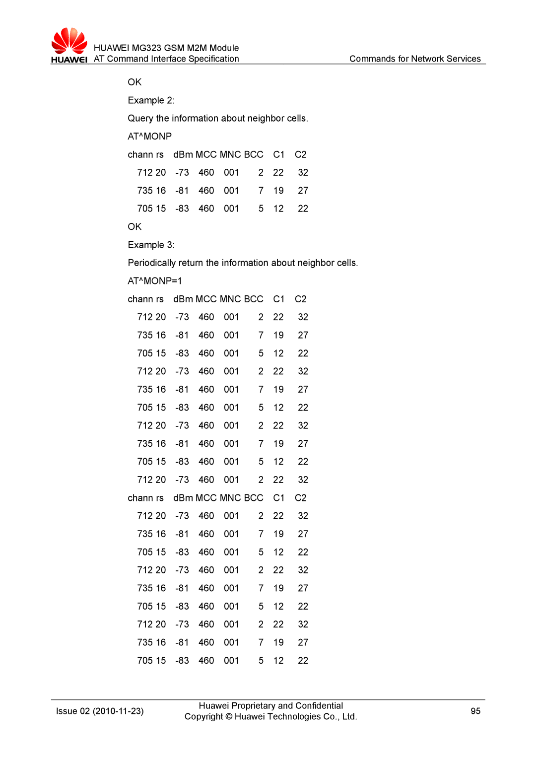 Huawei MG323 manual Example Query the information about neighbor cells, Atmonp, ATMONP=1 