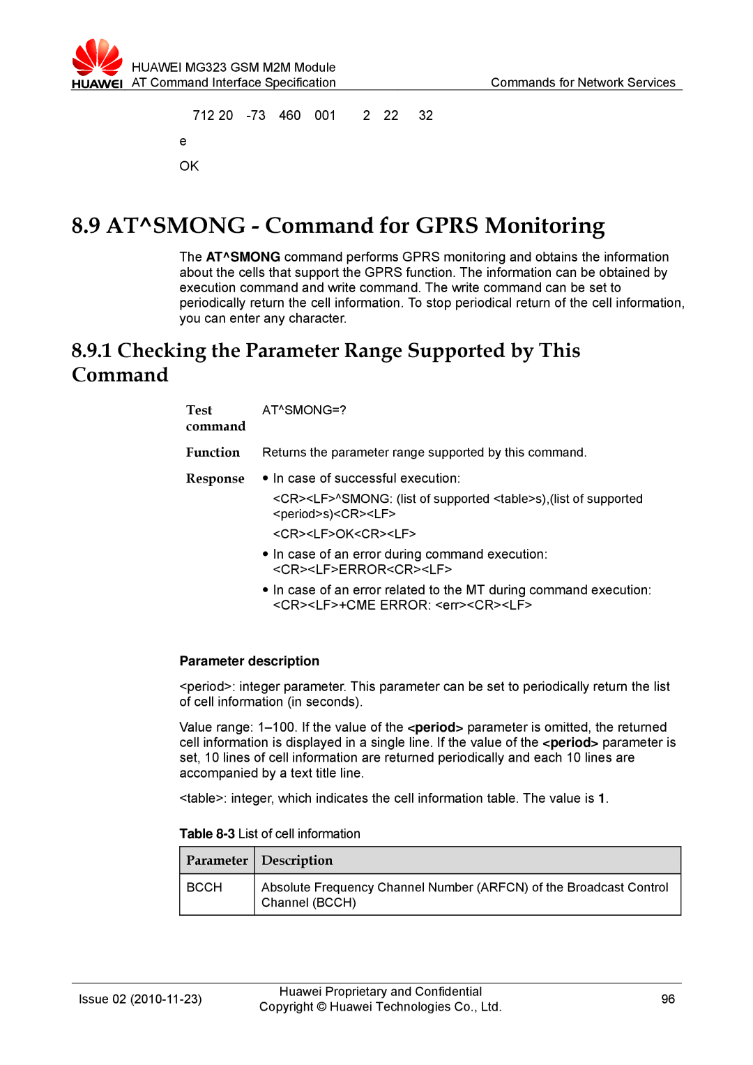 Huawei MG323 manual Atsmong Command for Gprs Monitoring, 712 20 -73 460, Bcch 