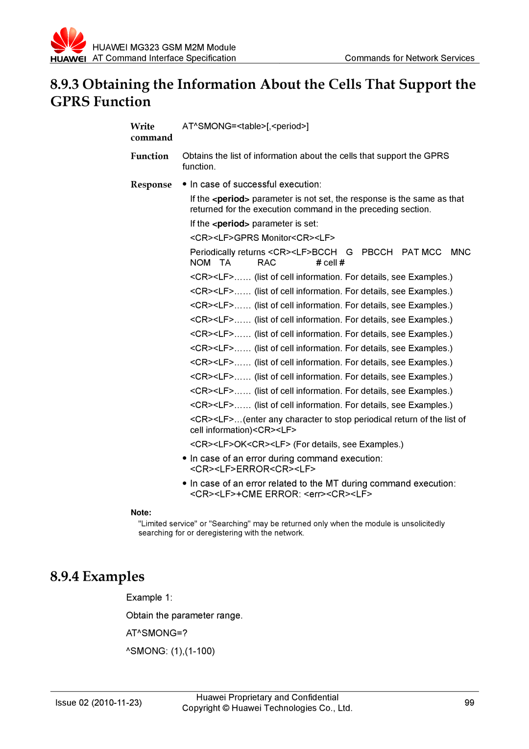 Huawei MG323 manual Example Obtain the parameter range, Atsmong=?, Smong 1,1-100 