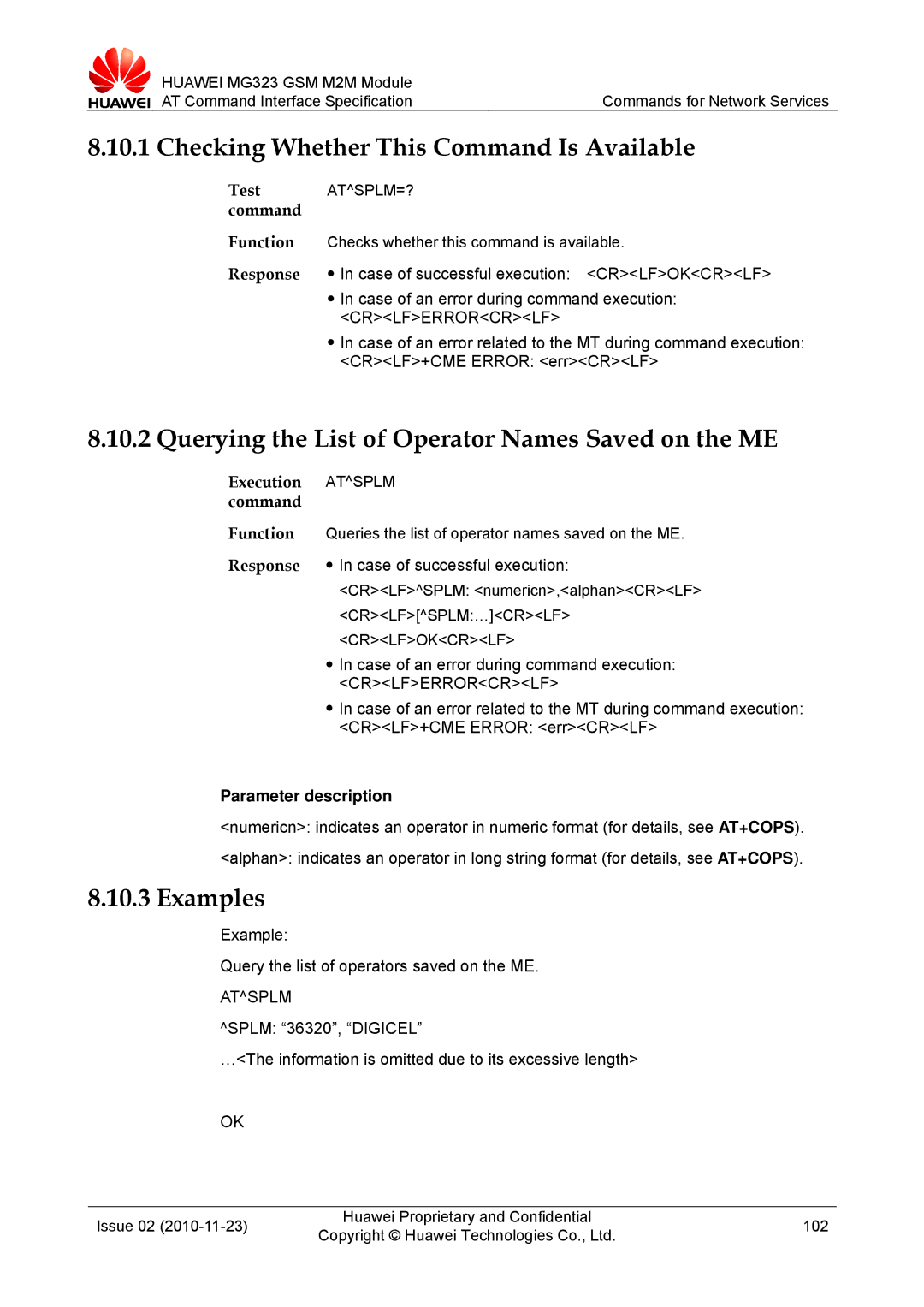 Huawei MG323 manual Querying the List of Operator Names Saved on the ME, Execution Atsplm command 