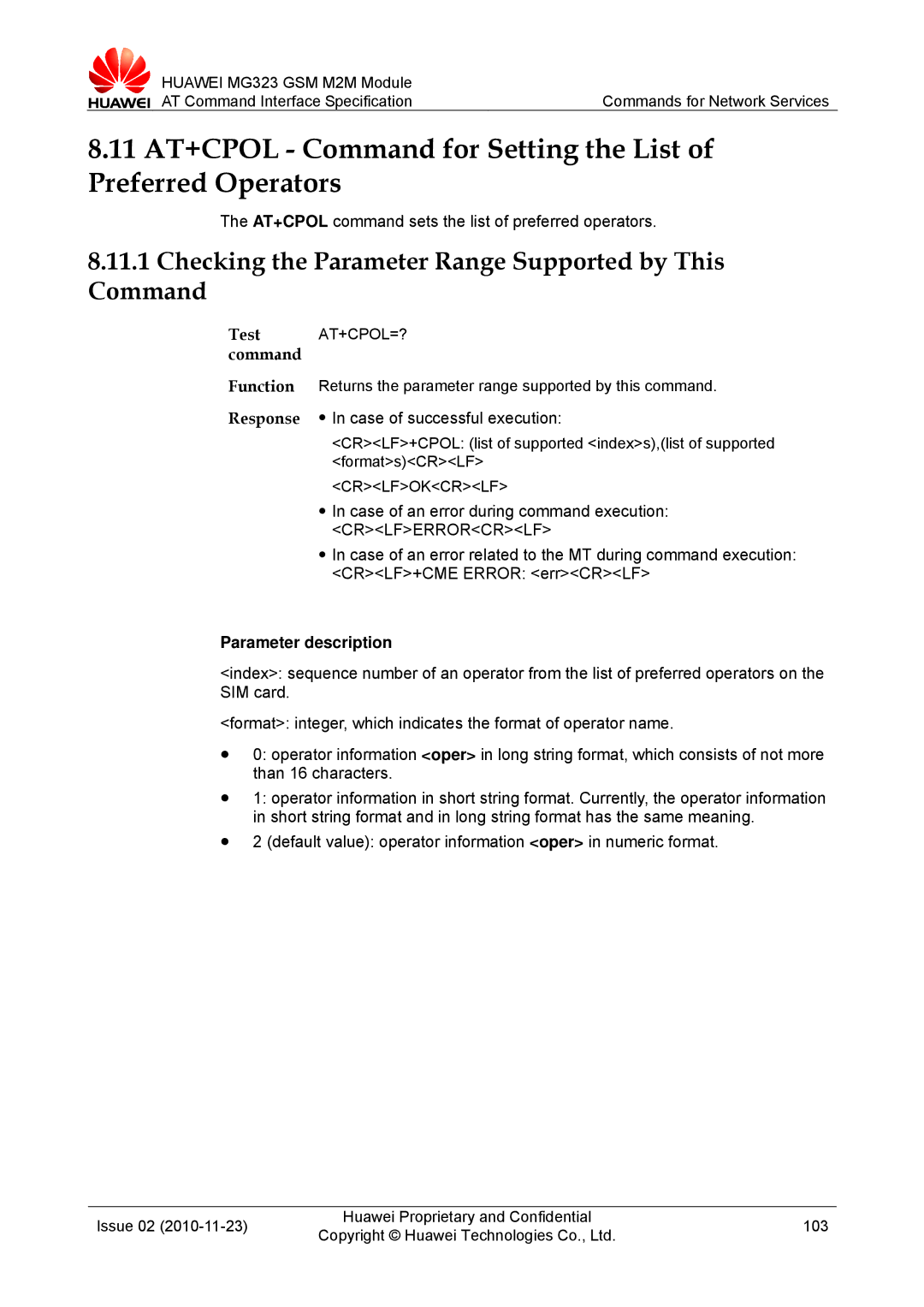 Huawei MG323 manual AT+CPOL command sets the list of preferred operators 