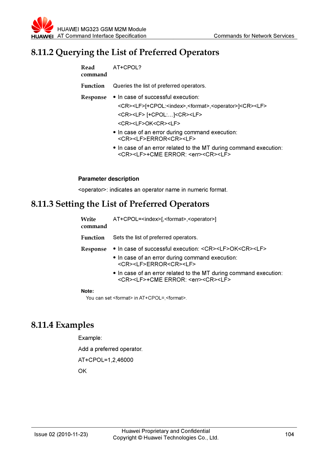 Huawei MG323 manual Querying the List of Preferred Operators, Setting the List of Preferred Operators 