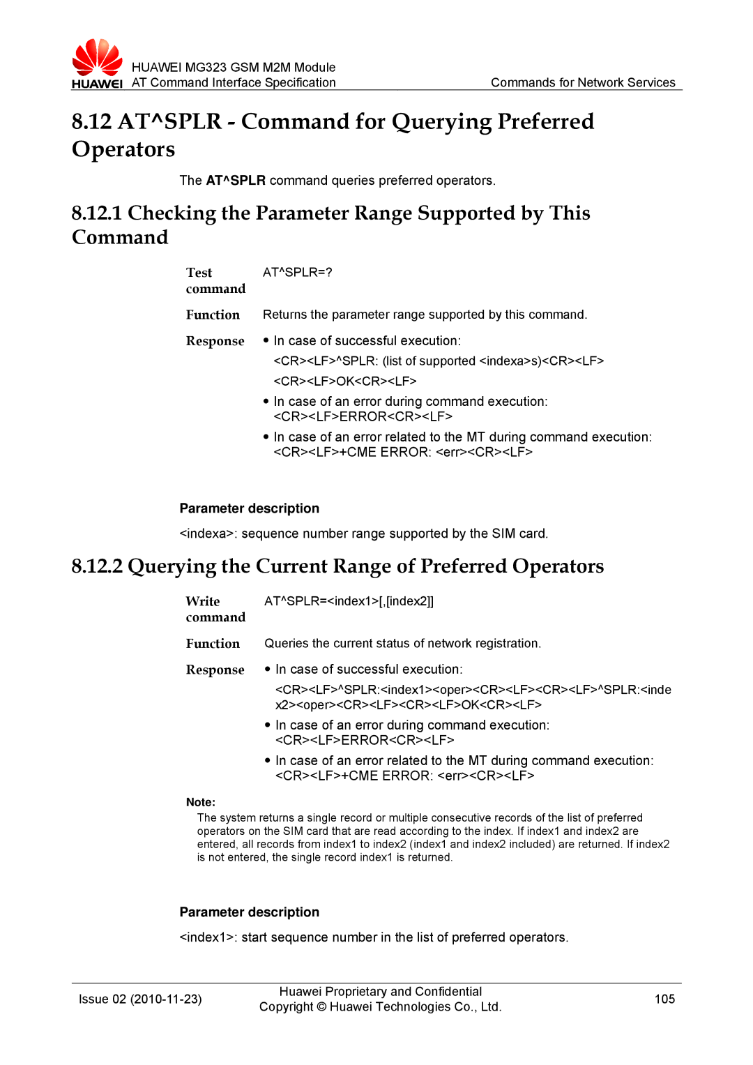 Huawei MG323 manual Atsplr Command for Querying Preferred Operators, Querying the Current Range of Preferred Operators 