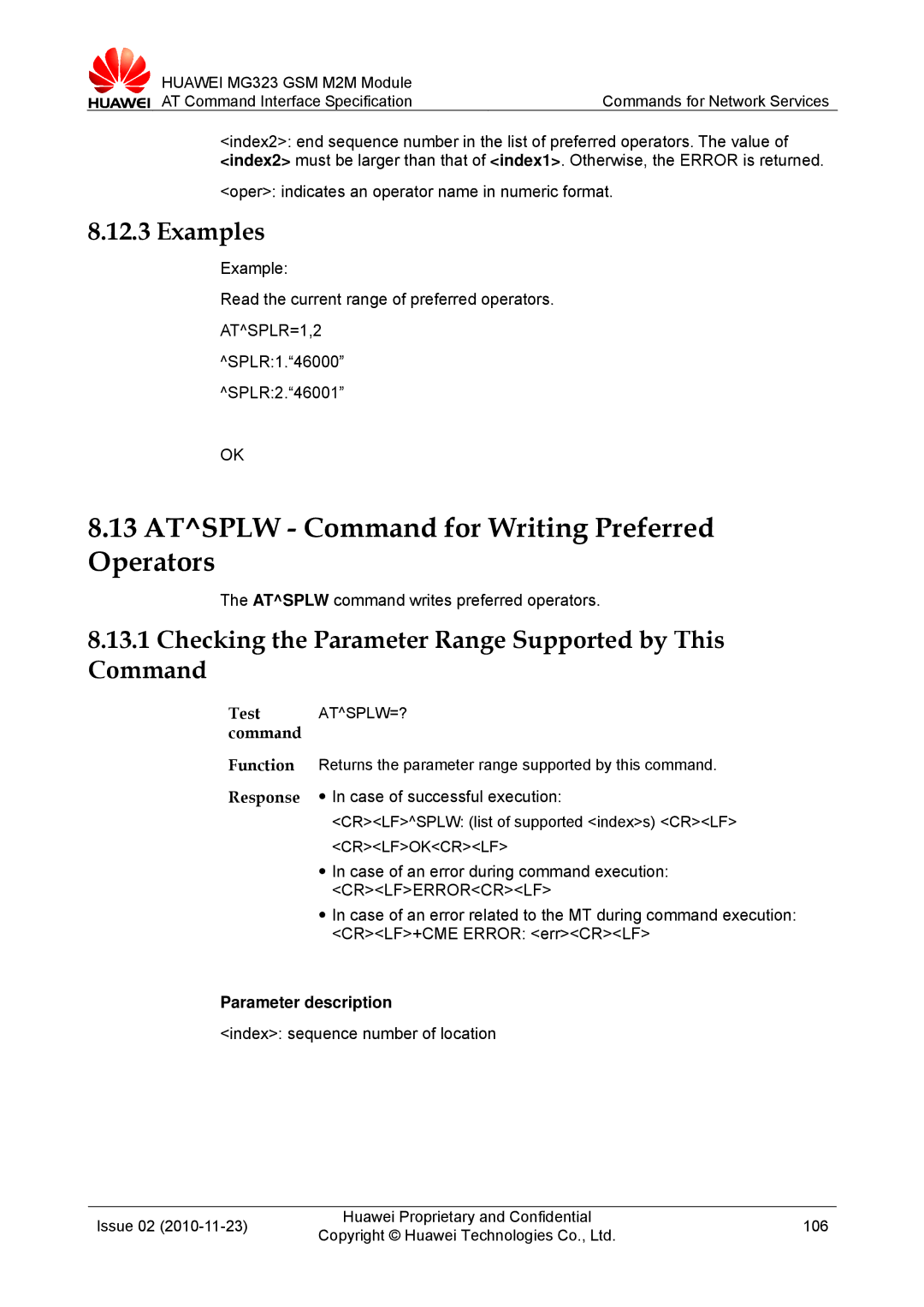 Huawei MG323 manual Atsplw Command for Writing Preferred Operators, ATSPLR=1,2 