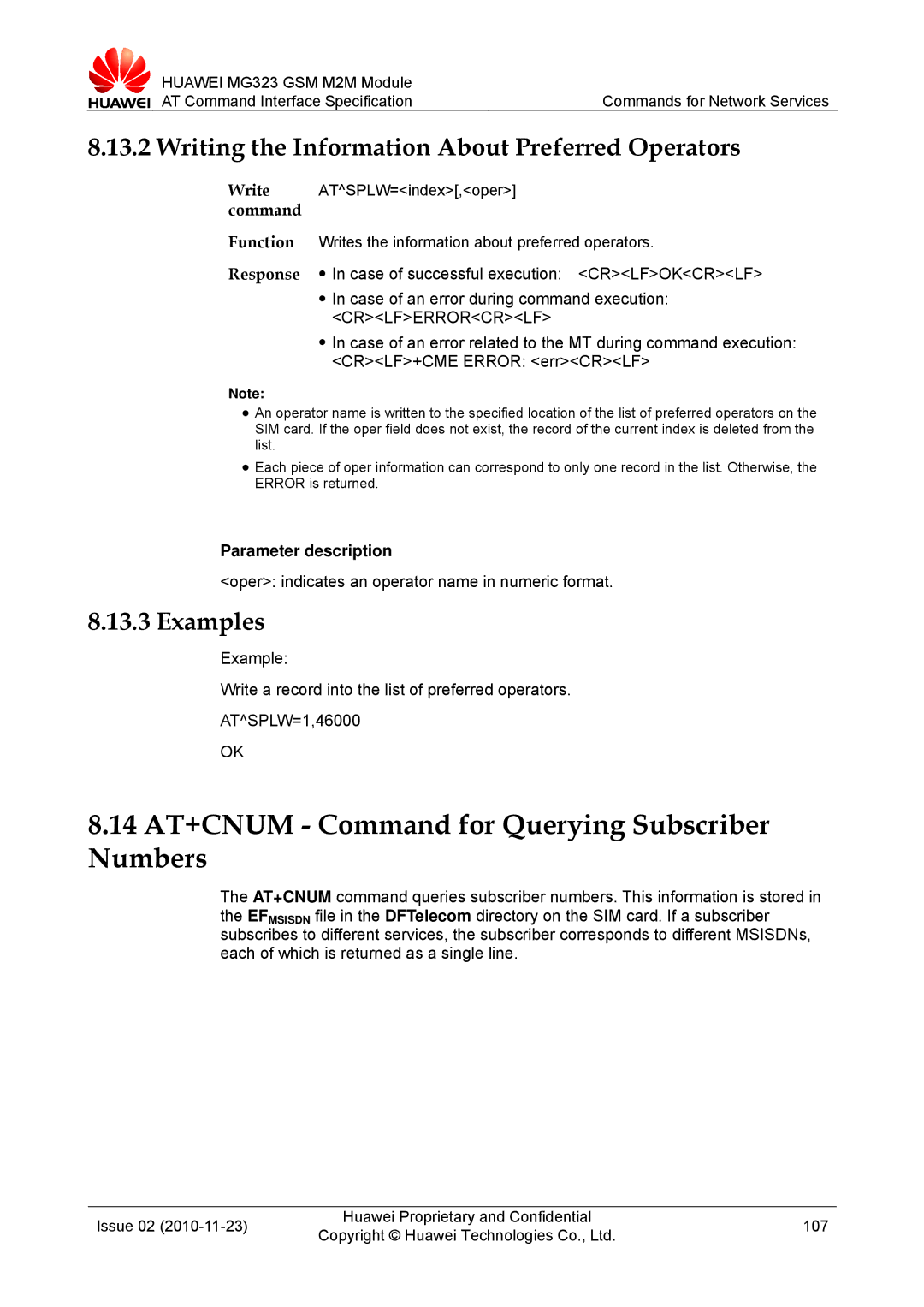 Huawei MG323 manual 14 AT+CNUM Command for Querying Subscriber Numbers, Writing the Information About Preferred Operators 