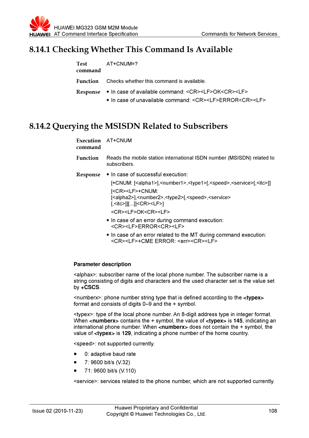 Huawei MG323 manual Querying the Msisdn Related to Subscribers, Execution AT+CNUM command, Crlf+Cnum 