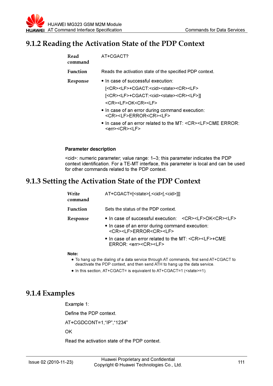 Huawei MG323 Reading the Activation State of the PDP Context, Setting the Activation State of the PDP Context, At+Cgact? 