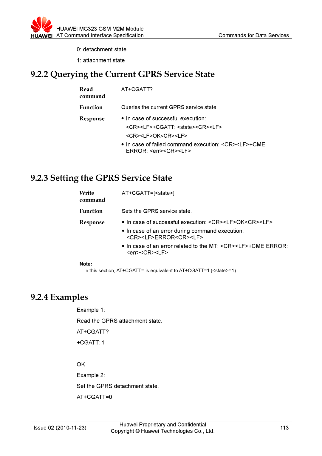 Huawei MG323 manual Querying the Current Gprs Service State, Setting the Gprs Service State, At+Cgatt?, AT+CGATT=0 