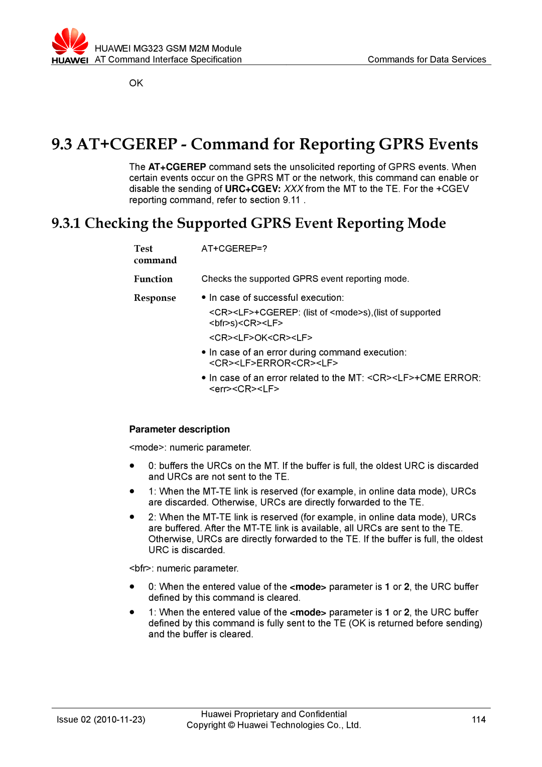 Huawei MG323 AT+CGEREP Command for Reporting Gprs Events, Checking the Supported Gprs Event Reporting Mode, At+Cgerep=? 