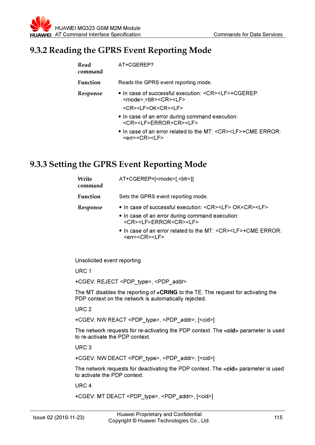 Huawei MG323 manual Reading the Gprs Event Reporting Mode, Setting the Gprs Event Reporting Mode, Urc 