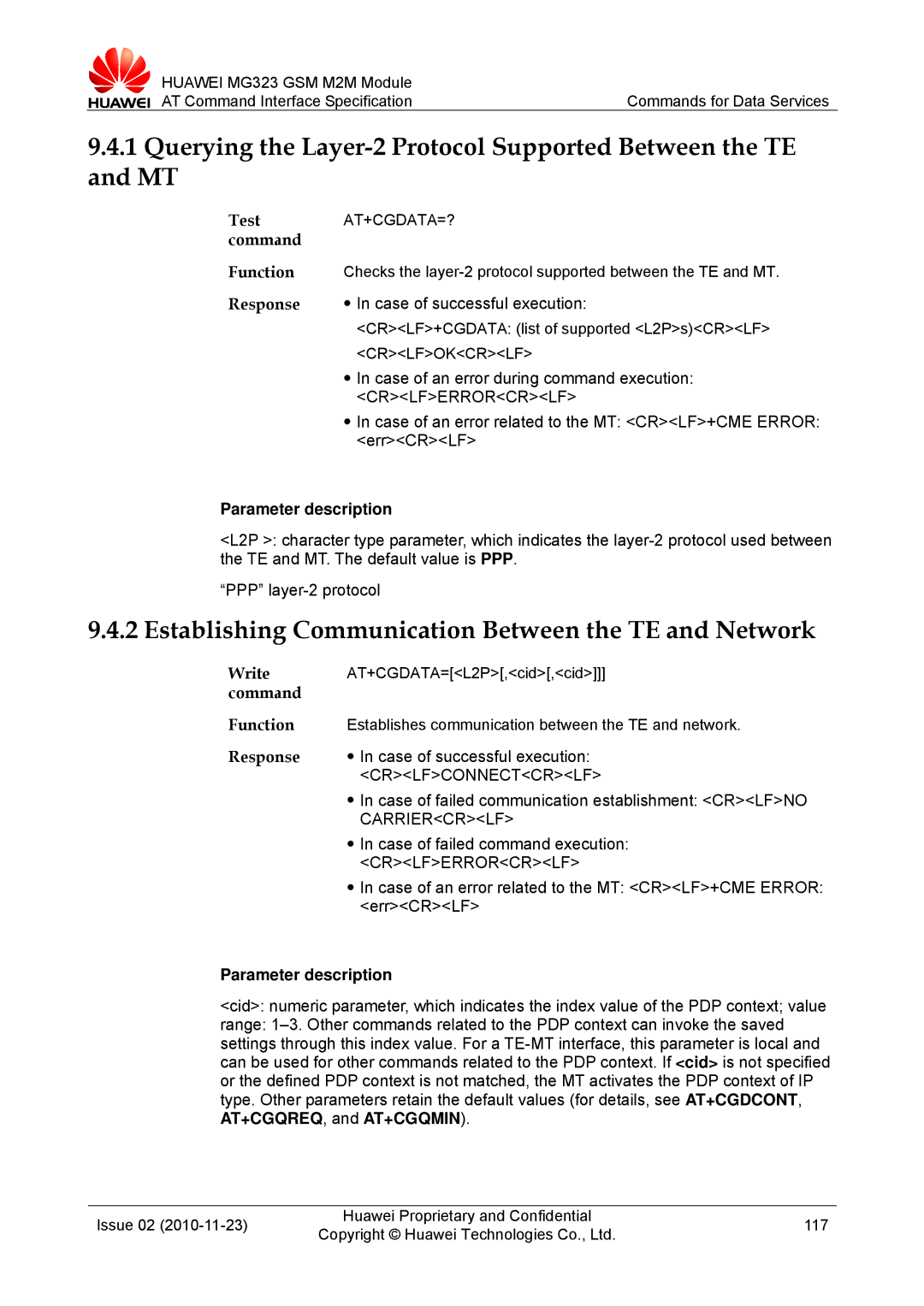 Huawei MG323 Establishing Communication Between the TE and Network, Case of failed communication establishment Crlfno 