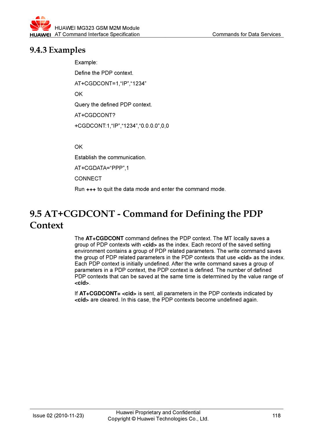 Huawei MG323 manual AT+CGDCONT Command for Defining the PDP Context, At+Cgdcont?, AT+CGDATA=PPP,1 Connect 