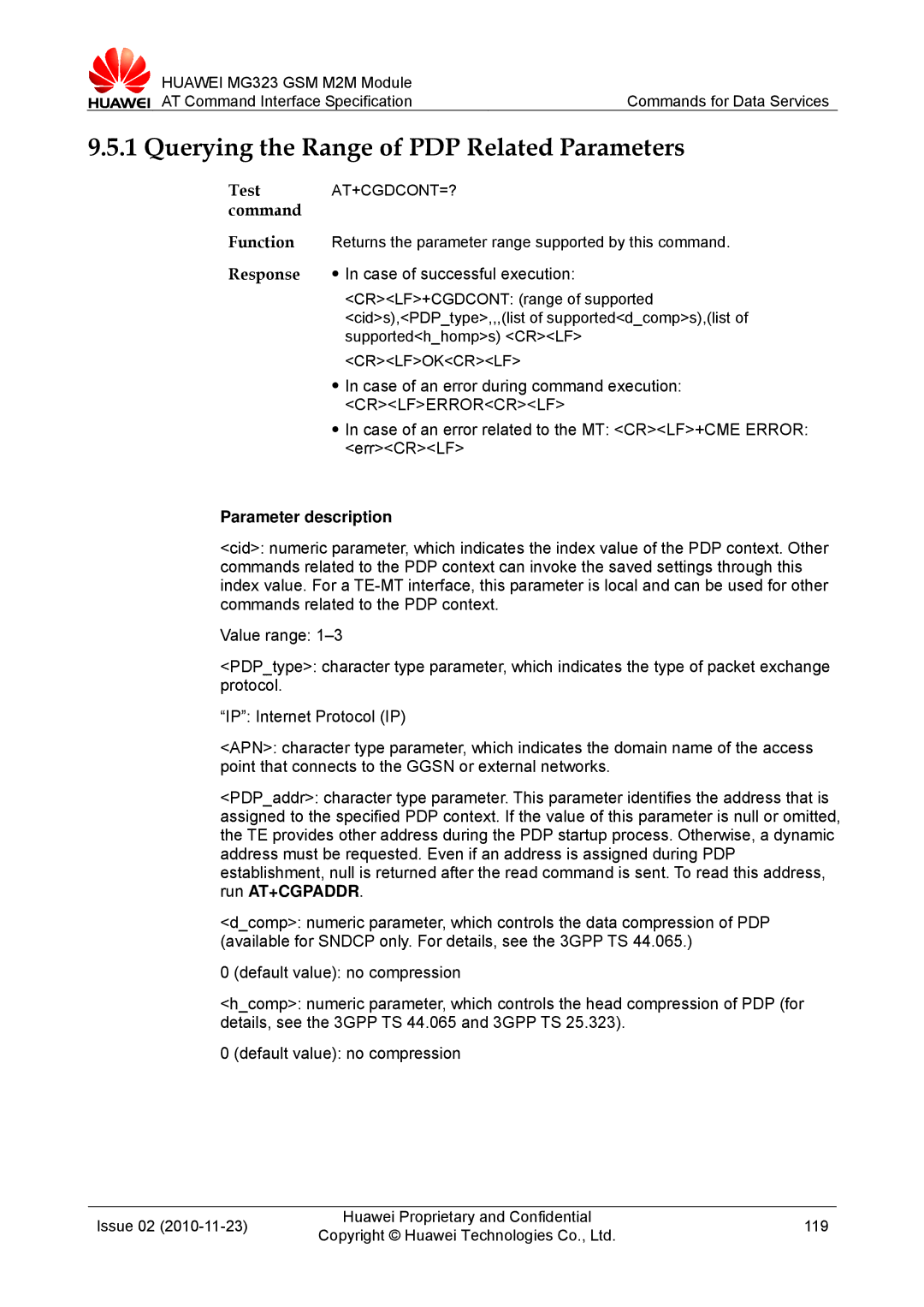 Huawei MG323 manual Querying the Range of PDP Related Parameters, At+Cgdcont=? 