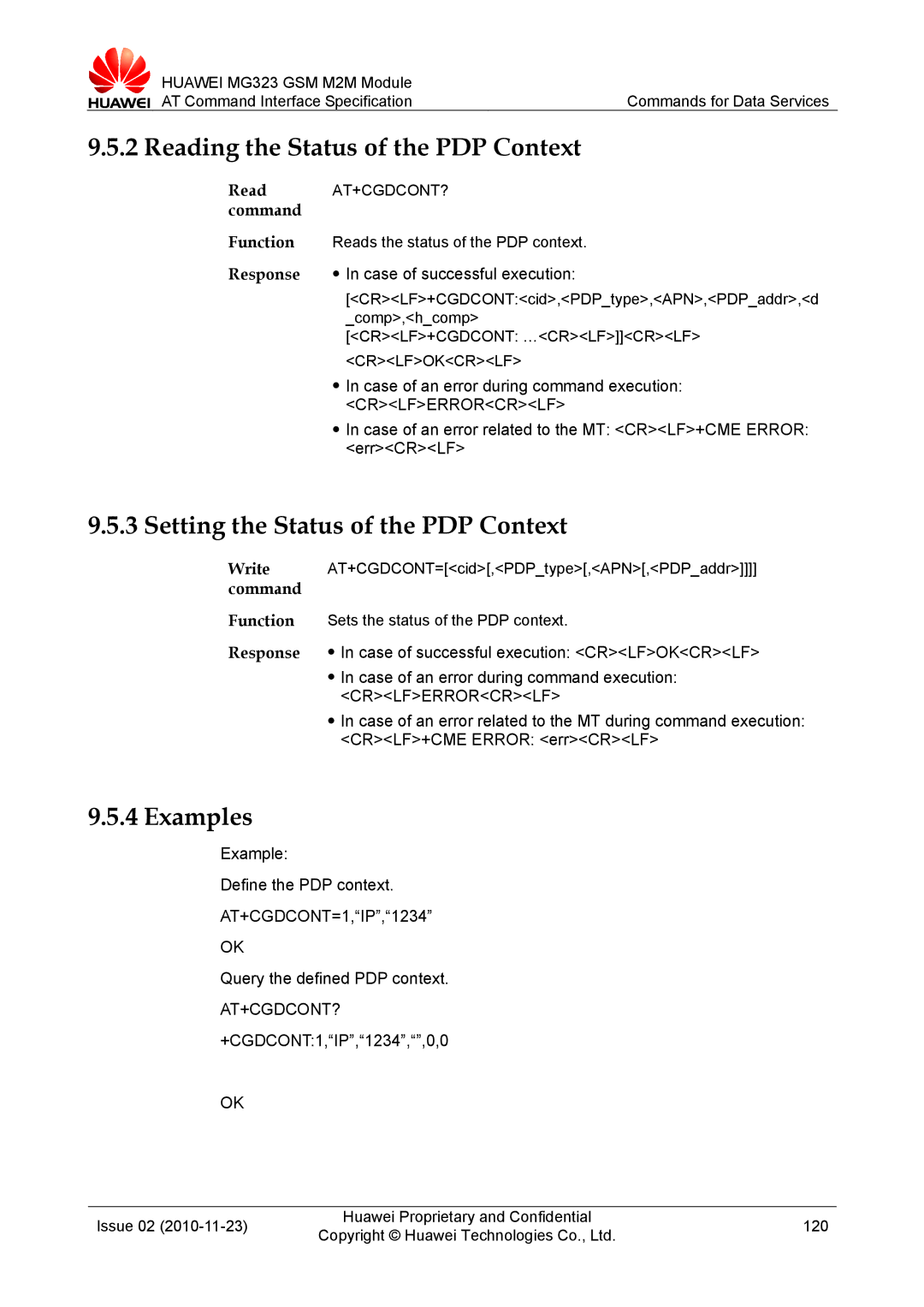 Huawei MG323 manual Reading the Status of the PDP Context, Setting the Status of the PDP Context, +CGDCONT1,IP,1234,,0,0 