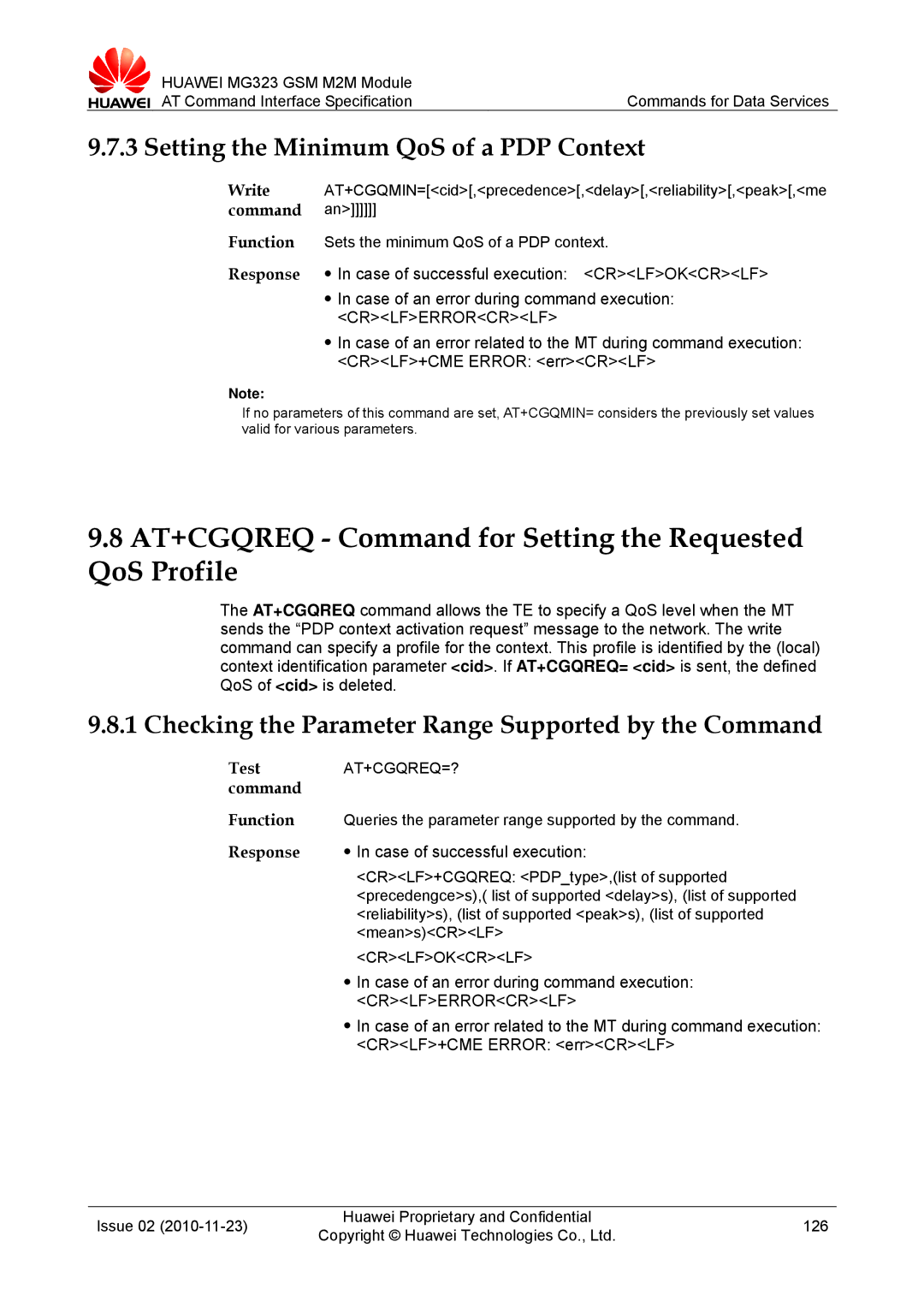 Huawei MG323 manual AT+CGQREQ Command for Setting the Requested QoS Profile, Setting the Minimum QoS of a PDP Context 