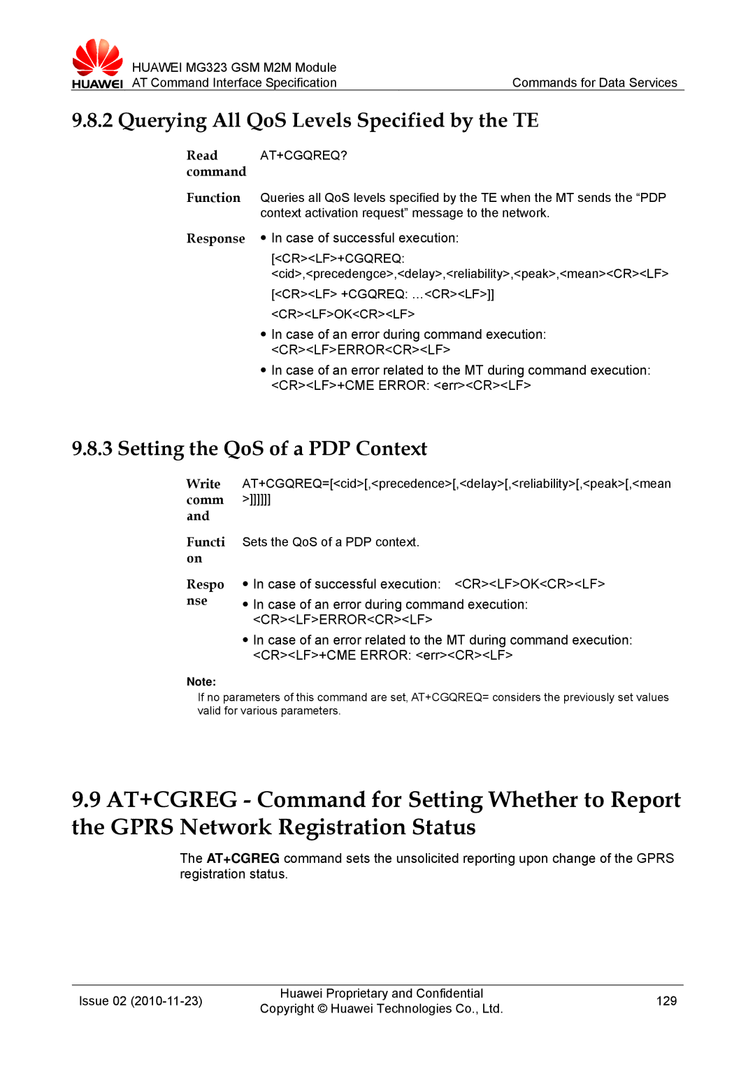 Huawei MG323 Querying All QoS Levels Specified by the TE, Setting the QoS of a PDP Context, Write comm Functi on Respo nse 