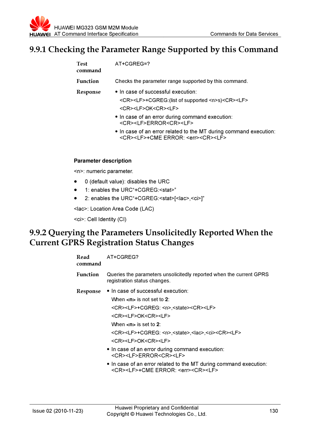 Huawei MG323 manual Checking the Parameter Range Supported by this Command, At+Cgreg=? 