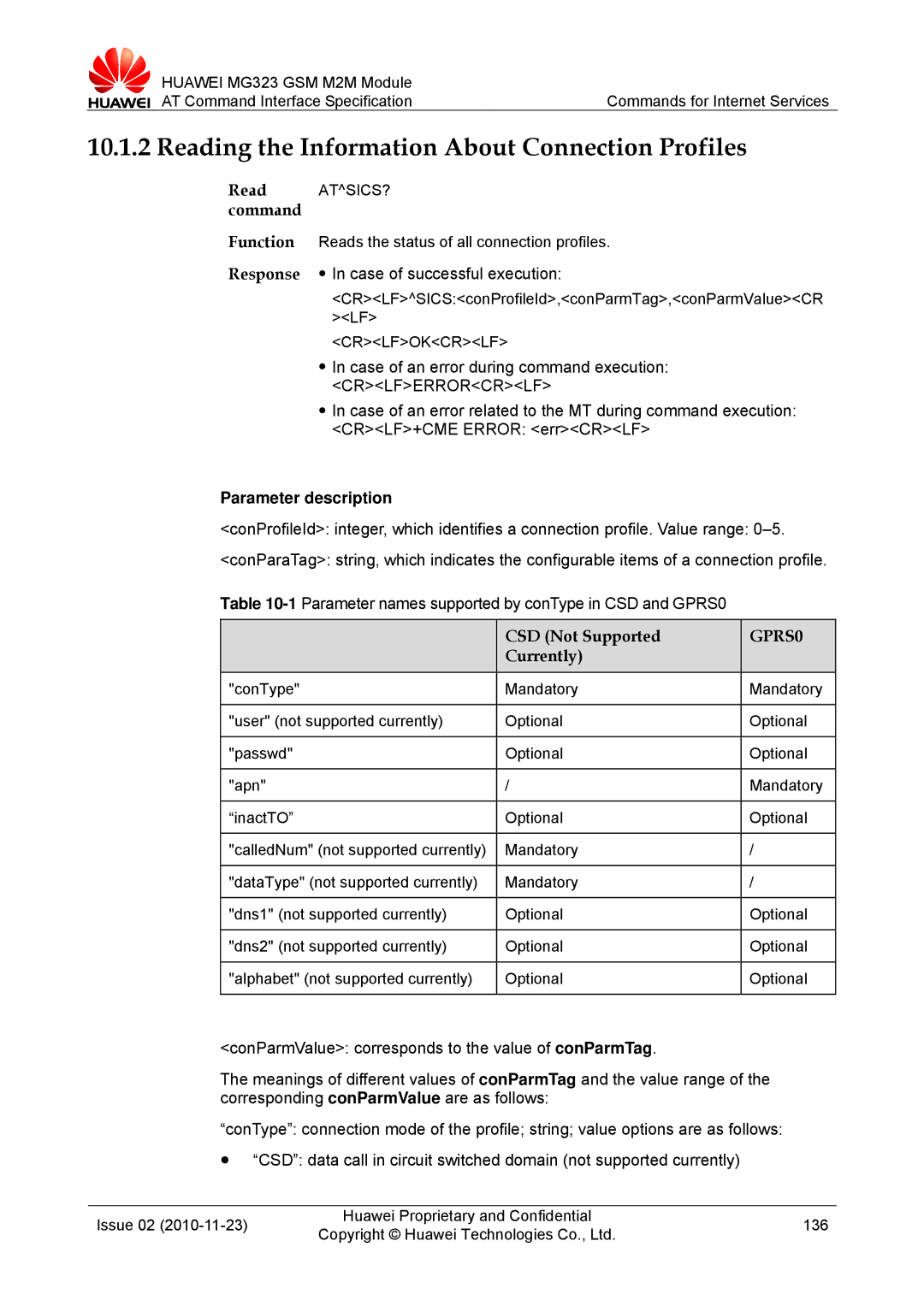 Huawei MG323 manual Reading the Information About Connection Profiles, CSD Not Supported, Currently 