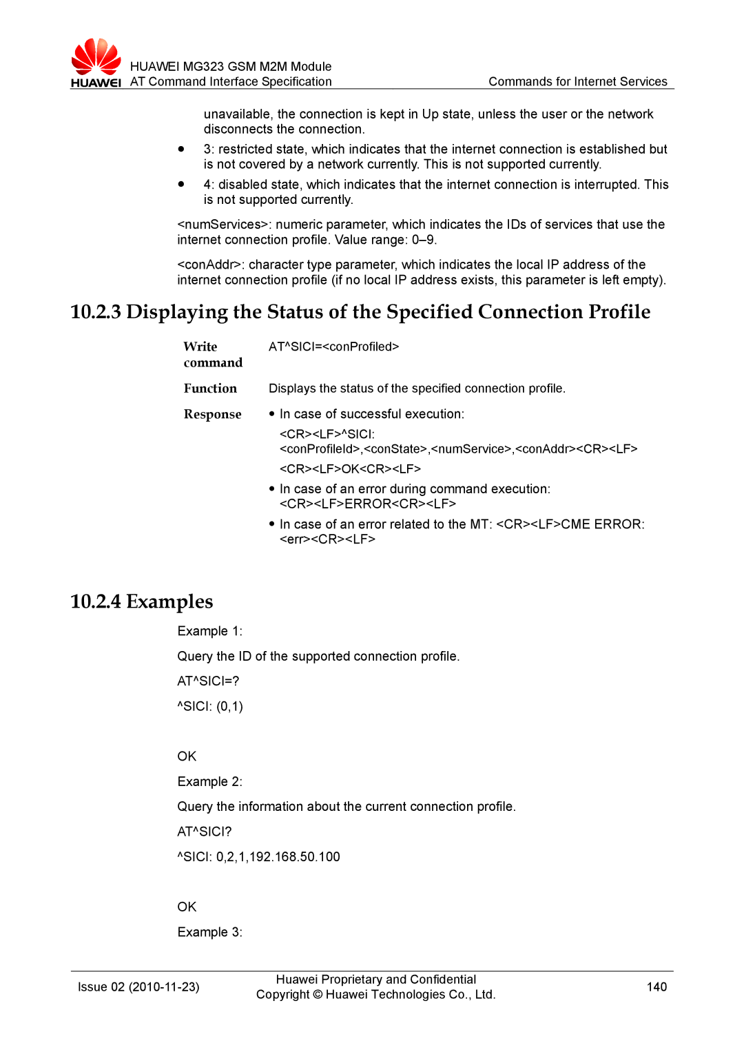 Huawei MG323 manual Displaying the Status of the Specified Connection Profile, Atsici=?, Atsici? 