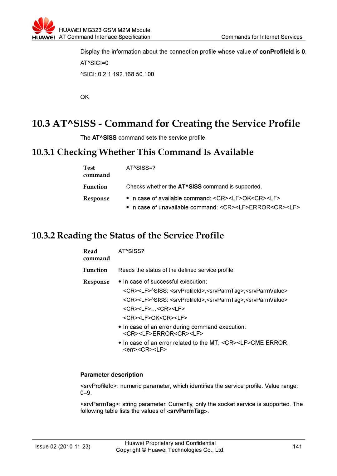 Huawei MG323 manual Atsiss Command for Creating the Service Profile, Reading the Status of the Service Profile 