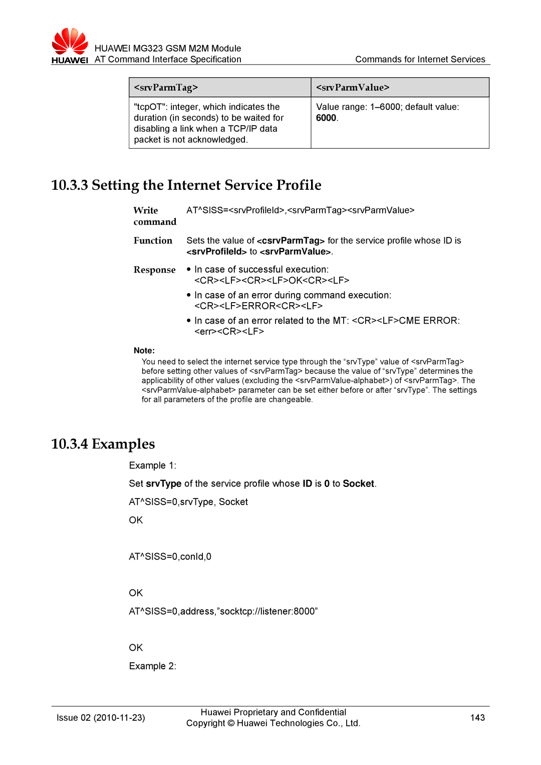 Huawei MG323 manual Setting the Internet Service Profile, Examples 