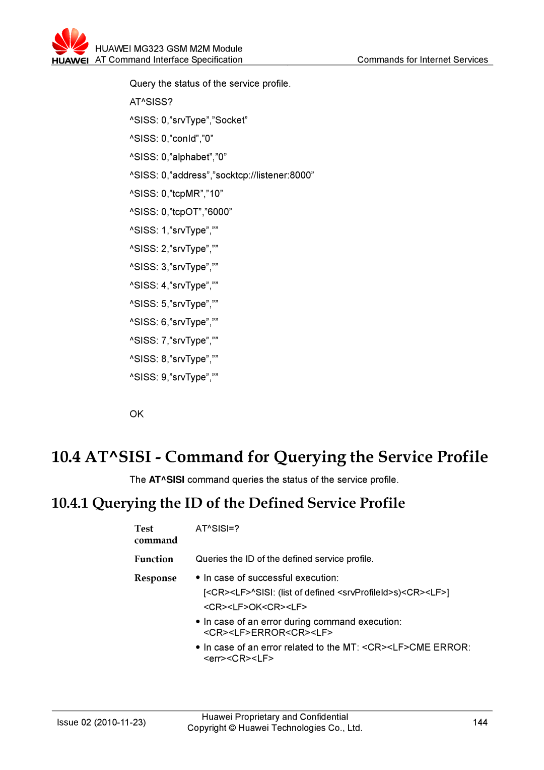 Huawei MG323 Atsisi Command for Querying the Service Profile, Querying the ID of the Defined Service Profile, Atsiss? 