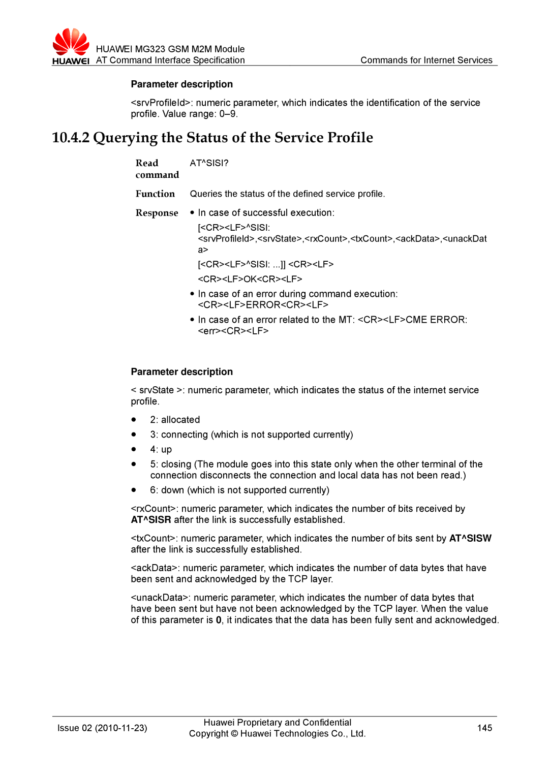 Huawei MG323 manual Querying the Status of the Service Profile, Crlfsisi 