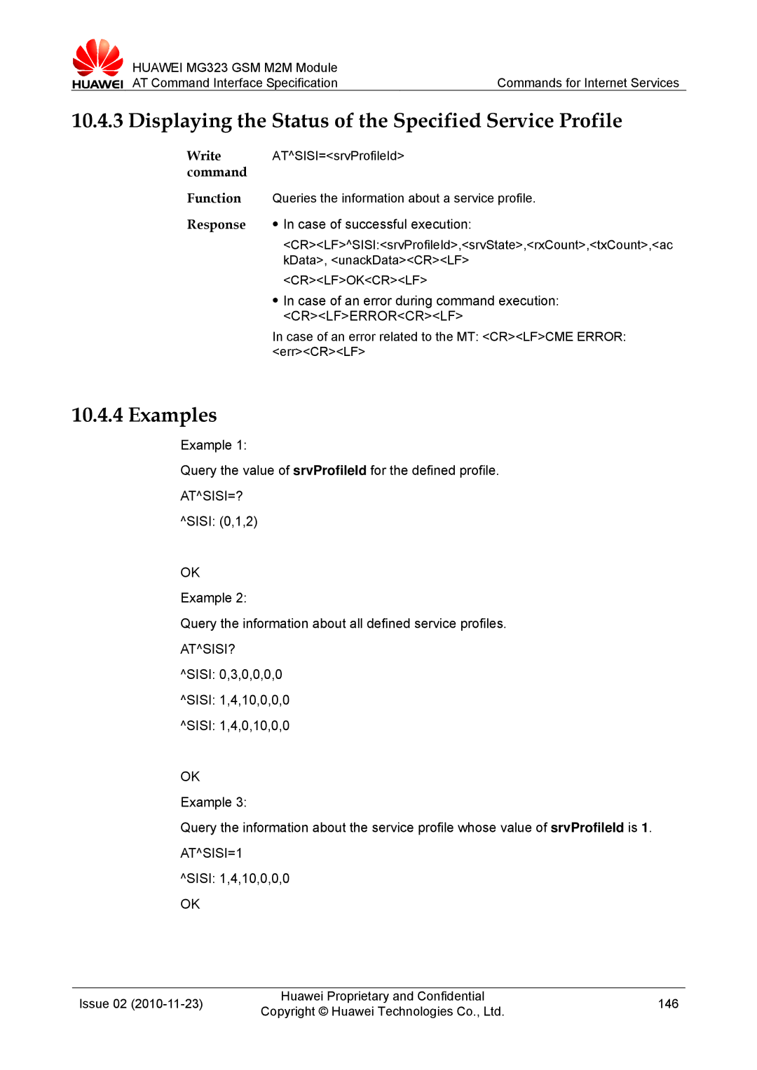 Huawei MG323 manual Displaying the Status of the Specified Service Profile, Atsisi=?, Atsisi? 