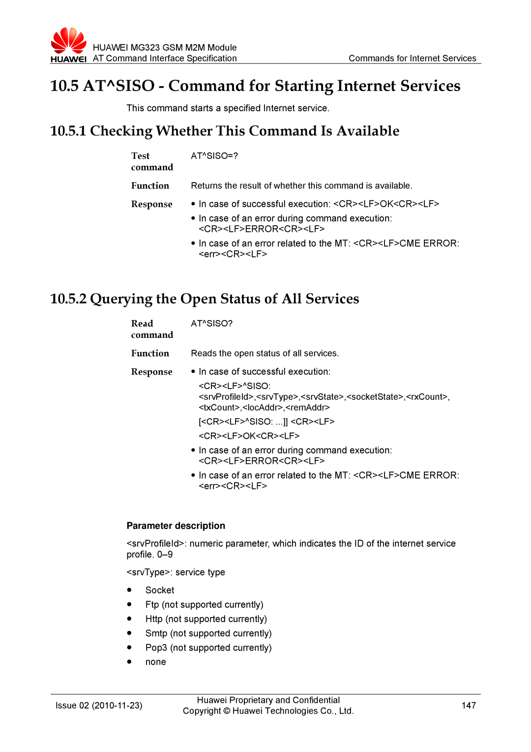 Huawei MG323 Atsiso Command for Starting Internet Services, Querying the Open Status of All Services, Atsiso?, Crlfsiso 