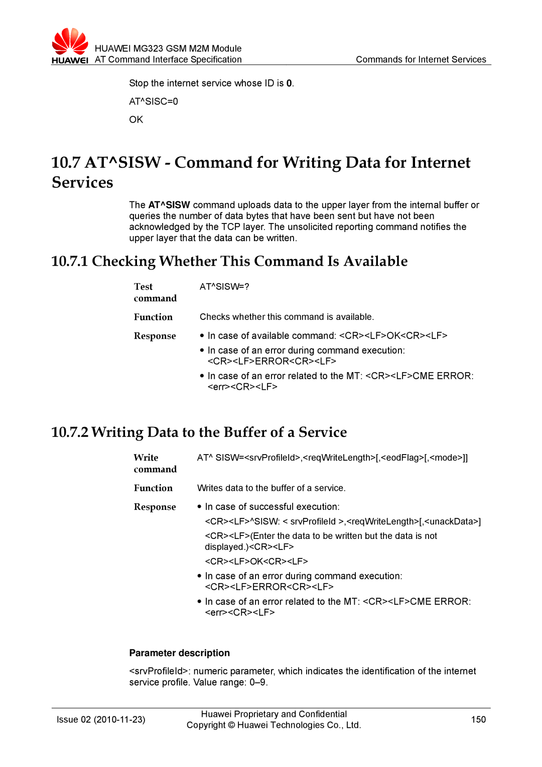 Huawei MG323 Atsisw Command for Writing Data for Internet Services, Writing Data to the Buffer of a Service, ATSISC=0 