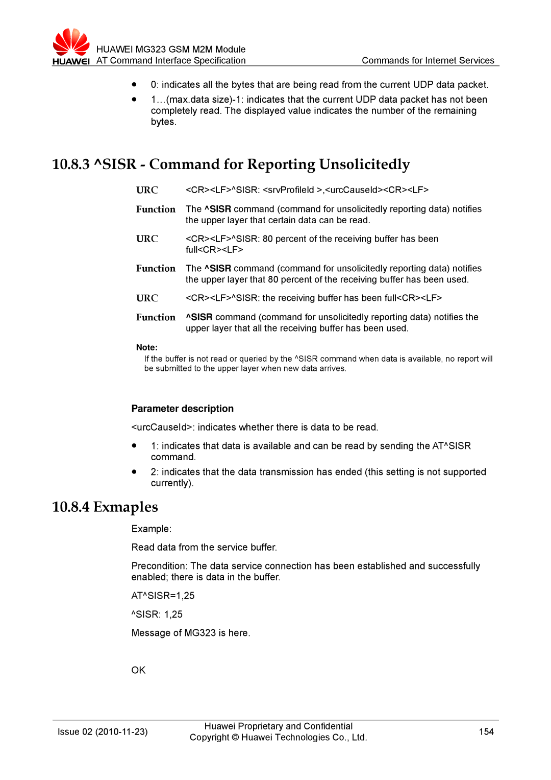 Huawei MG323 manual Sisr Command for Reporting Unsolicitedly, Exmaples 