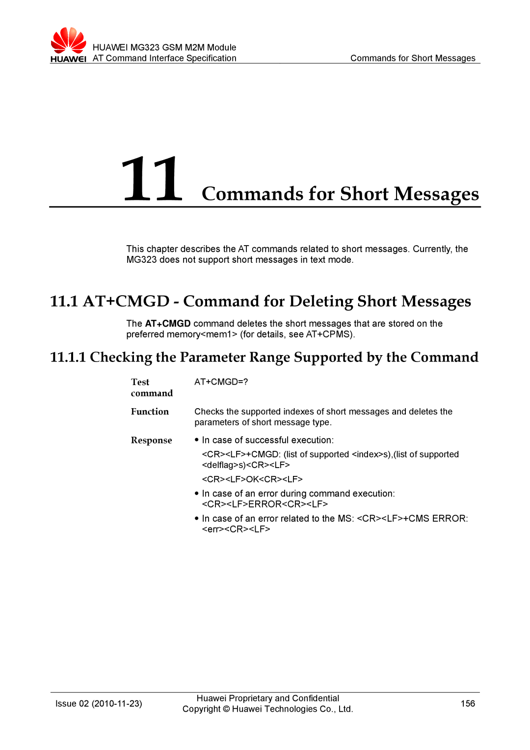 Huawei MG323 manual Commands for Short Messages, 11.1 AT+CMGD Command for Deleting Short Messages, At+Cmgd=? 