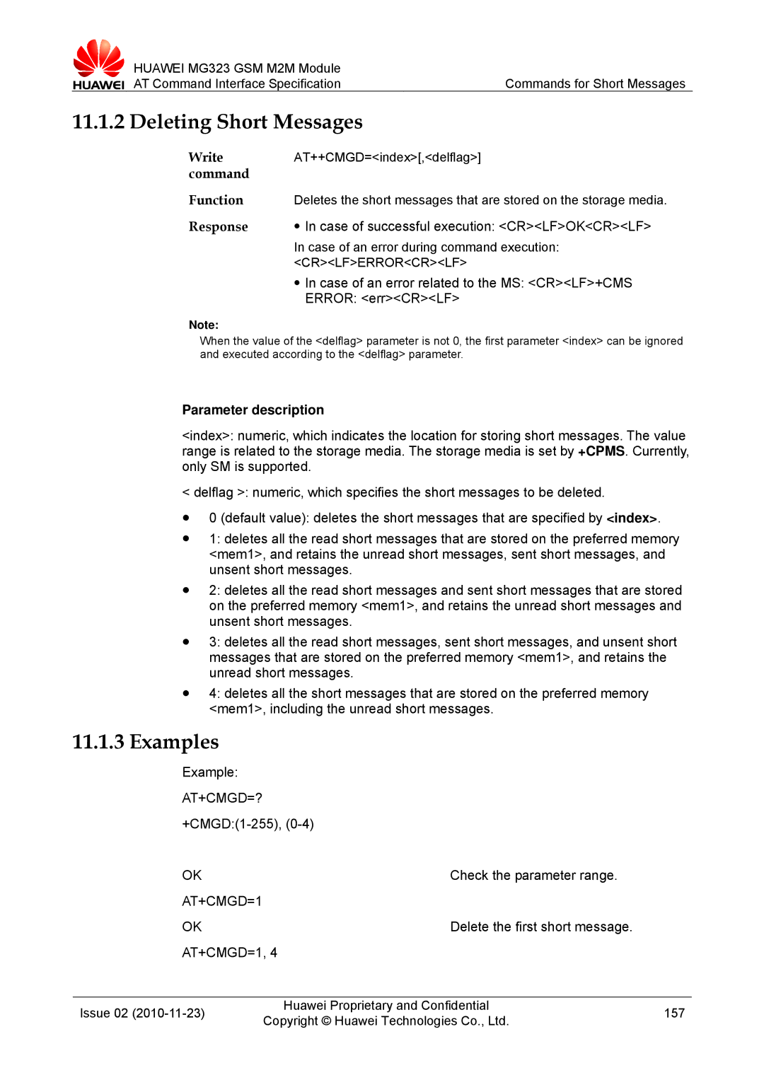 Huawei MG323 manual Deleting Short Messages, Case of an error related to the MS CRLF+CMS, AT+CMGD=1 